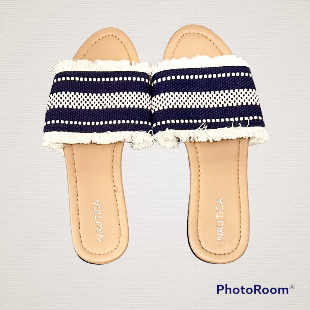 Nautica Fringe Navy and White Slide Sandals